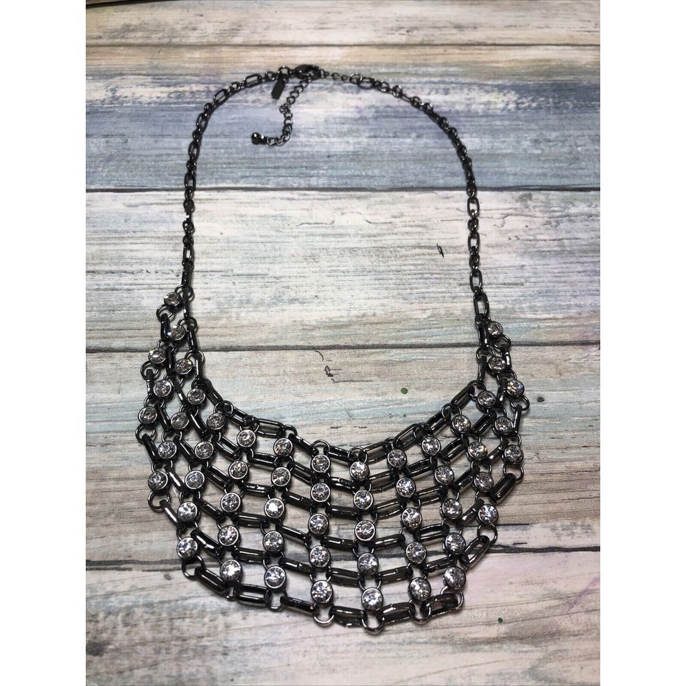 GunMetal Black Bib Statement 22" Necklace Rhinestones Mesh‎ Flexi NWOT